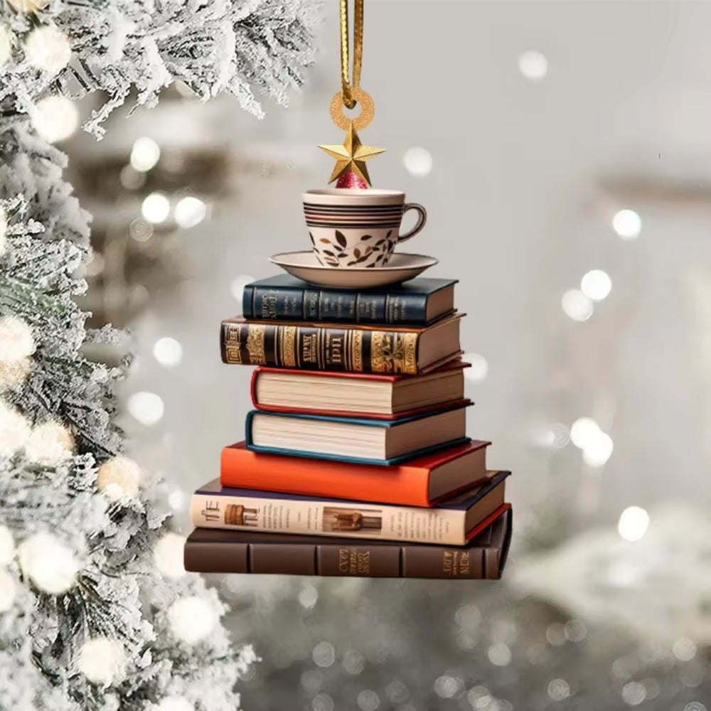 2D Acrylic Flat Printing Books Pendant Home Tree Window Hanging Decor Gift for Book Lovers Creative Book Christmas Tree Ornament