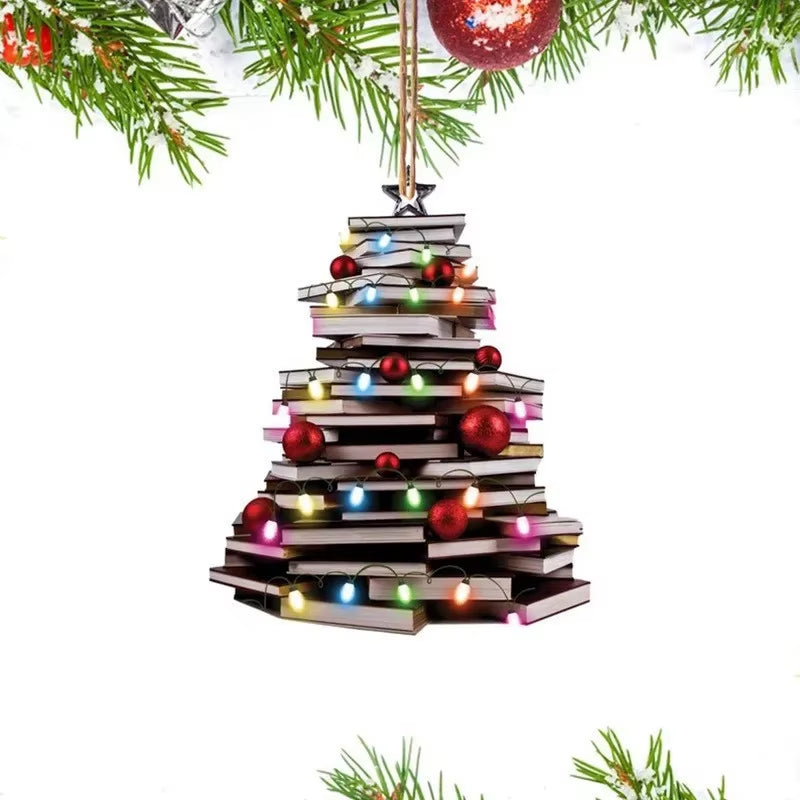 2D Acrylic Flat Printing Books Pendant Home Tree Window Hanging Decor Gift for Book Lovers Creative Book Christmas Tree Ornament