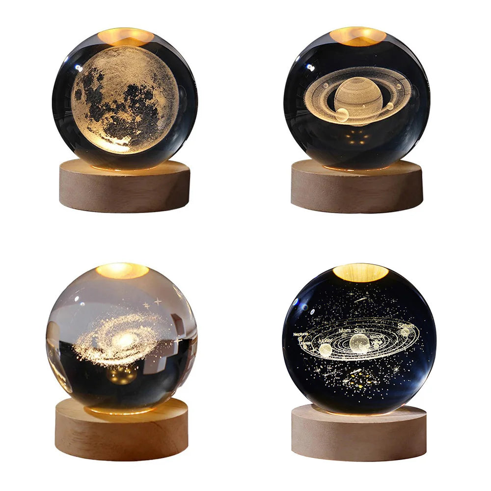 3D Crystal Ball Night Light Glowing Planetary Galaxy Astronaut Table Lamp USB Powered Bedside Light Desktop Decor Christmas Gift