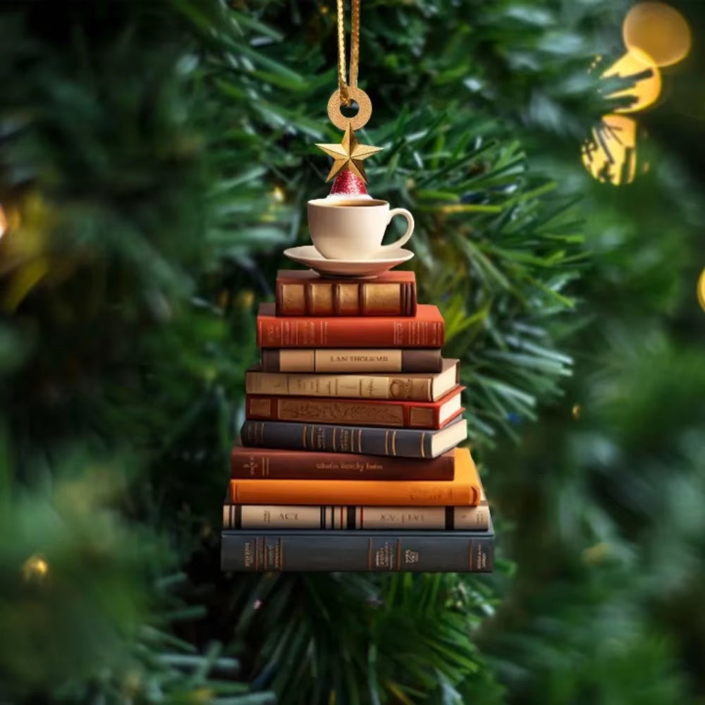 2D Acrylic Flat Printing Books Pendant Home Tree Window Hanging Decor Gift for Book Lovers Creative Book Christmas Tree Ornament