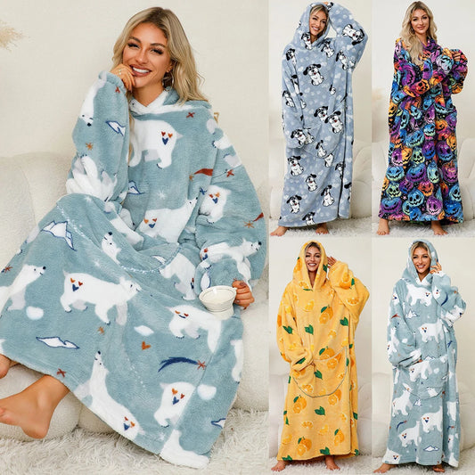 140cm Super Long Flannel Blanket with Sleeves Pyjamas Winter Hoodies Sweatshirt Women Men Pullover Fleece Giant Oversized