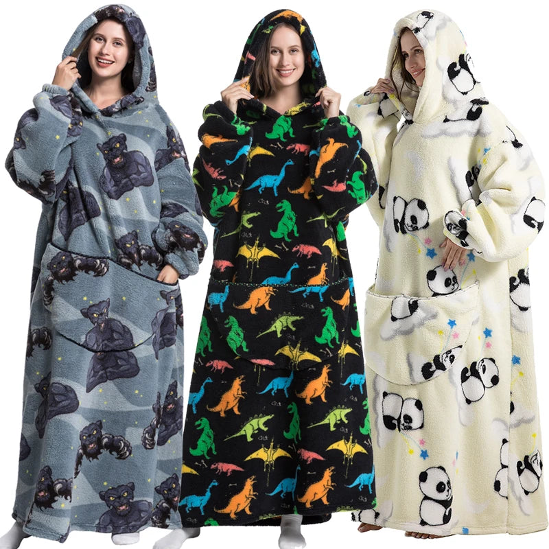 140cm Super Long Flannel Blanket with Sleeves Pyjamas Winter Hoodies Sweatshirt Women Men Pullover Fleece Giant Oversized