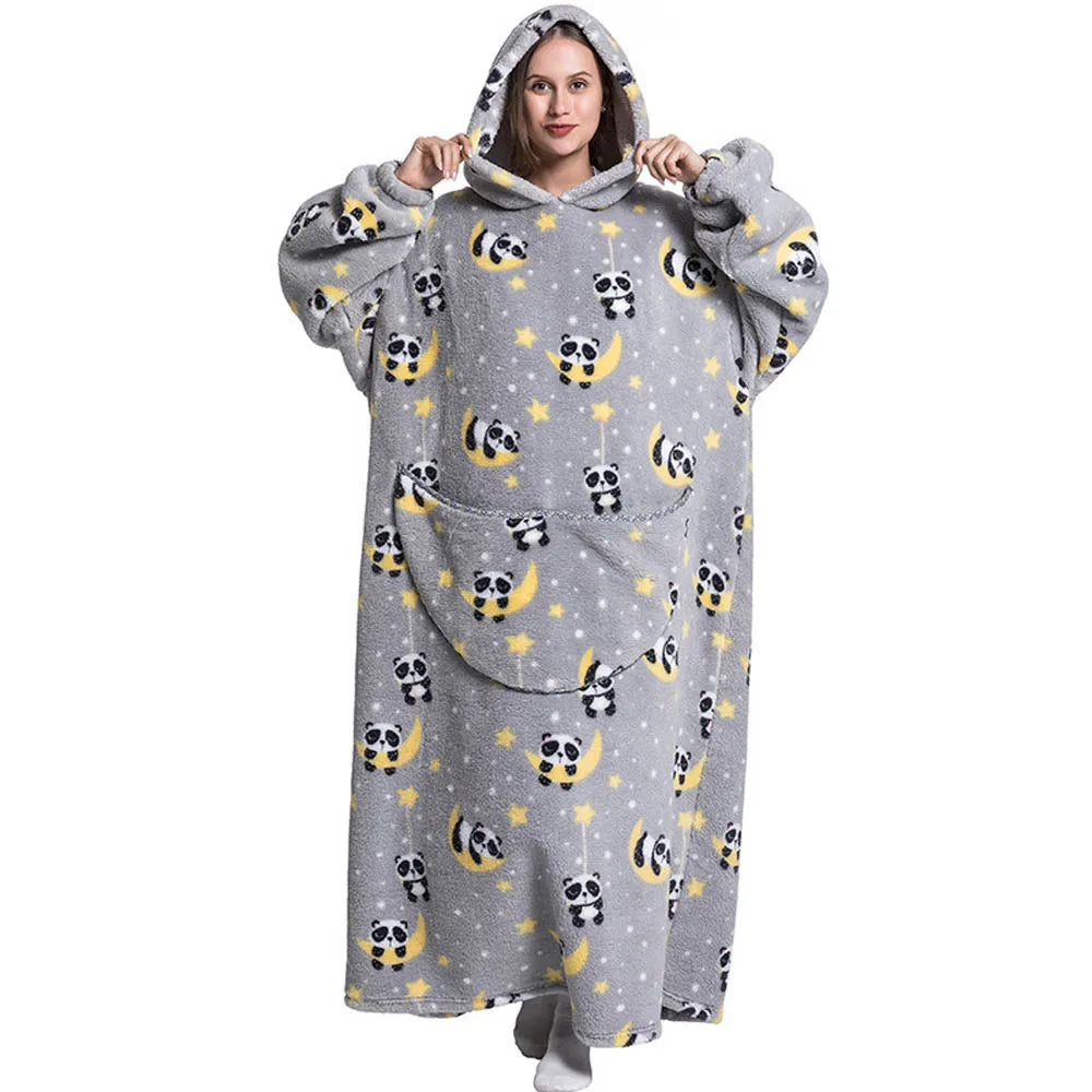 140cm Super Long Flannel Blanket with Sleeves Pyjamas Winter Hoodies Sweatshirt Women Men Pullover Fleece Giant Oversized