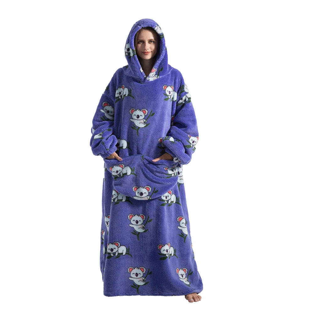 140cm Super Long Flannel Blanket with Sleeves Pyjamas Winter Hoodies Sweatshirt Women Men Pullover Fleece Giant Oversized