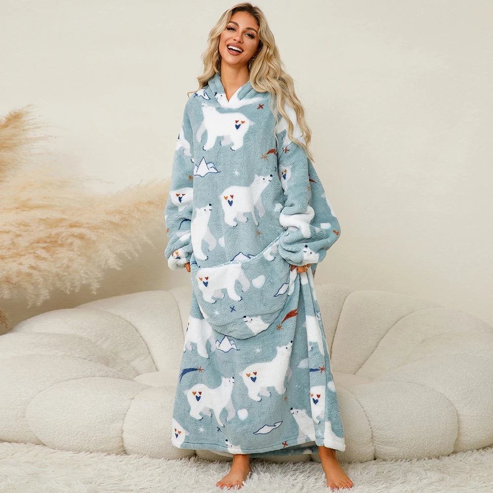 140cm Super Long Flannel Blanket with Sleeves Pyjamas Winter Hoodies Sweatshirt Women Men Pullover Fleece Giant Oversized