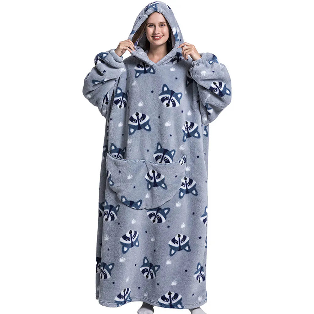 140cm Super Long Flannel Blanket with Sleeves Pyjamas Winter Hoodies Sweatshirt Women Men Pullover Fleece Giant Oversized