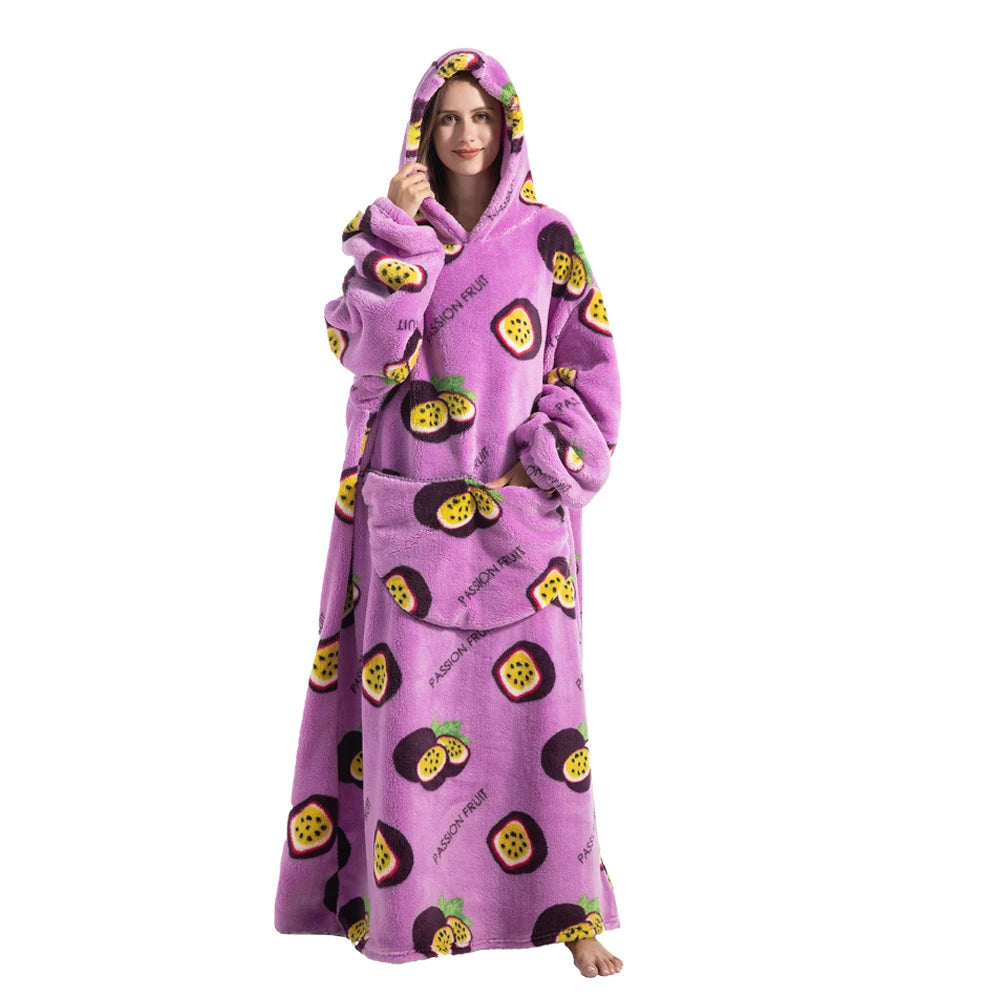 140cm Super Long Flannel Blanket with Sleeves Pyjamas Winter Hoodies Sweatshirt Women Men Pullover Fleece Giant Oversized