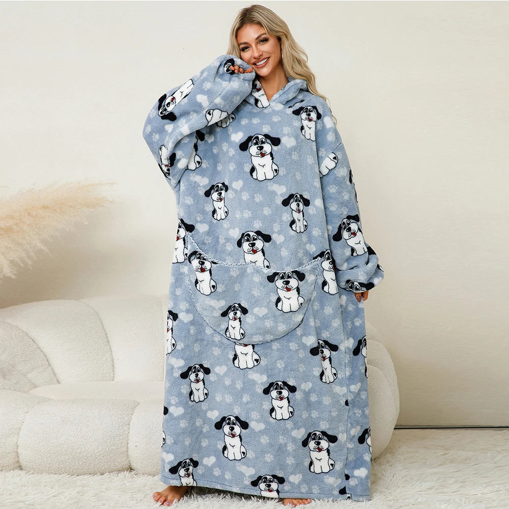 140cm Super Long Flannel Blanket with Sleeves Pyjamas Winter Hoodies Sweatshirt Women Men Pullover Fleece Giant Oversized