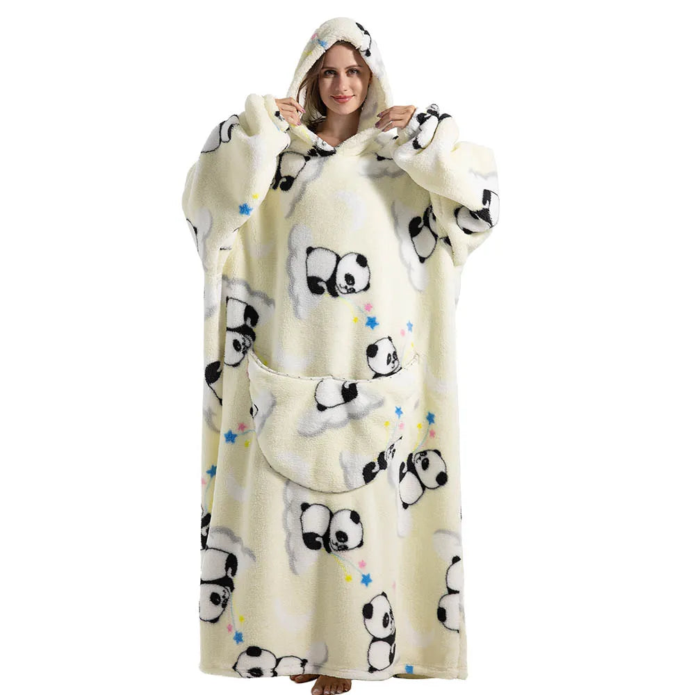 140cm Super Long Flannel Blanket with Sleeves Pyjamas Winter Hoodies Sweatshirt Women Men Pullover Fleece Giant Oversized