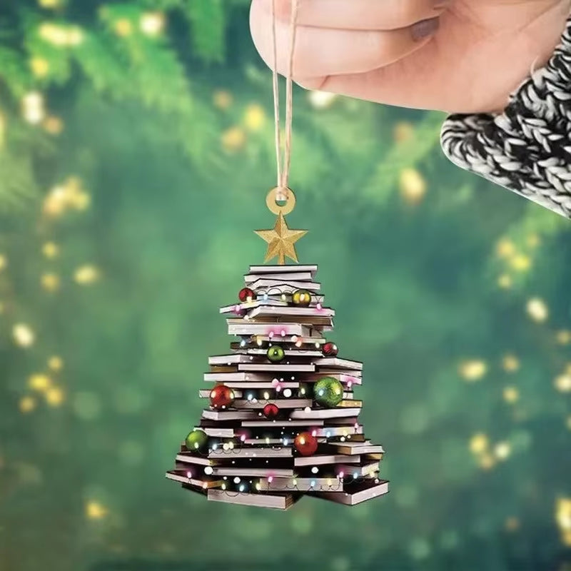 2D Acrylic Flat Printing Books Pendant Home Tree Window Hanging Decor Gift for Book Lovers Creative Book Christmas Tree Ornament